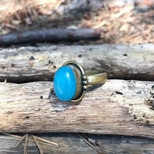 Vintage brass and aqua blue cabochon ring size 8